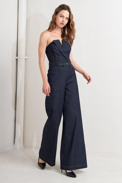 LE BONHEUR V CUT VOW DENIM JUMPSUIT.