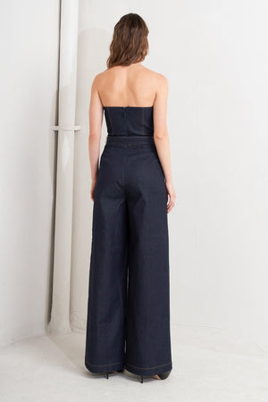 LE BONHEUR V CUT VOW DENIM JUMPSUIT.