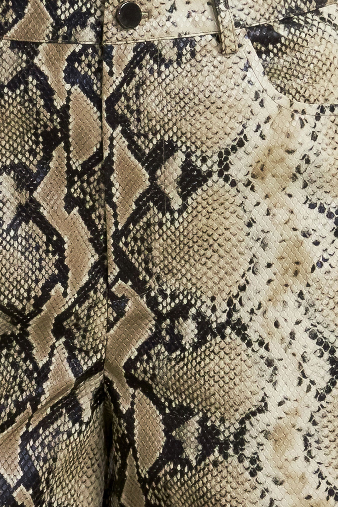 A printed faux leather pant with front closure, side pockets, and wide leg