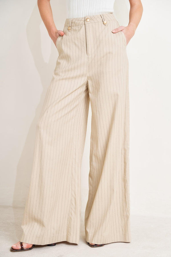 
A striped woven pant featuring front closure, pockets and wide leg.

Details:

Self : 65% Rayon 30% Linen 5% Polyester

Size &amp; Fit

- Model is 5`8" And Wearing Size Small
- Measurements Taken From Size Small
- Approx. Length: 44"