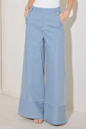 
A striped woven pant featuring front closure, side pockets with buttons and wide leg. Matching vest FJ1360B

Details:

Self : 80% Cotton 20% Polyester

Size &amp; Fit

- Model is 5`8" And Wearing Size Small
- Measurements Taken From Size Small
- Approx. Length: 44"