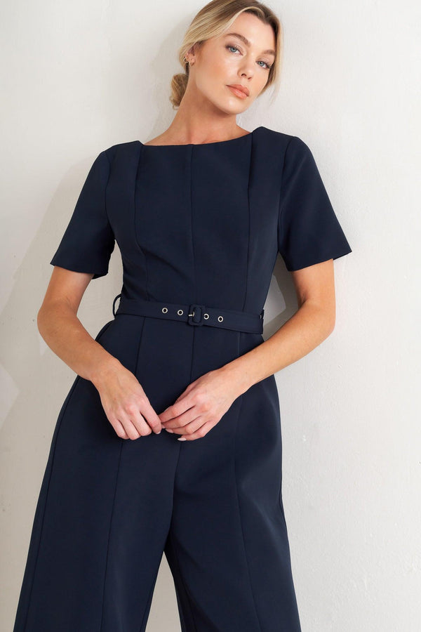 FOREVER FLATTERING NAVY WOVEN JUMPSUIT.