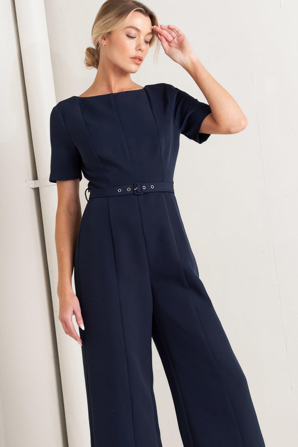 FOREVER FLATTERING NAVY WOVEN JUMPSUIT.