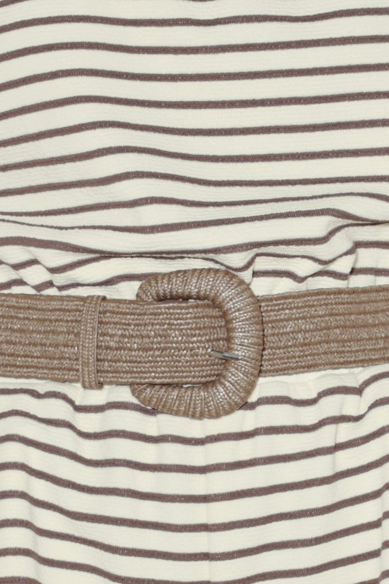Woman wearing a strapless striped knit romper featuring strapless with elastic opening, elastic waist, side pocket and contrasting belt | FREEMARKET | Flying Tomato