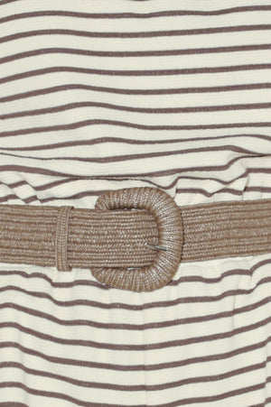 Woman wearing a strapless striped knit romper featuring strapless with elastic opening, elastic waist, side pocket and contrasting belt | FREEMARKET | Flying Tomato