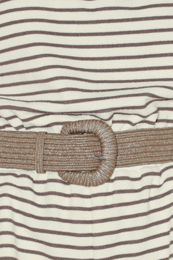 Woman wearing a strapless striped knit romper featuring strapless with elastic opening, elastic waist, side pocket and contrasting belt | FREEMARKET | Flying Tomato