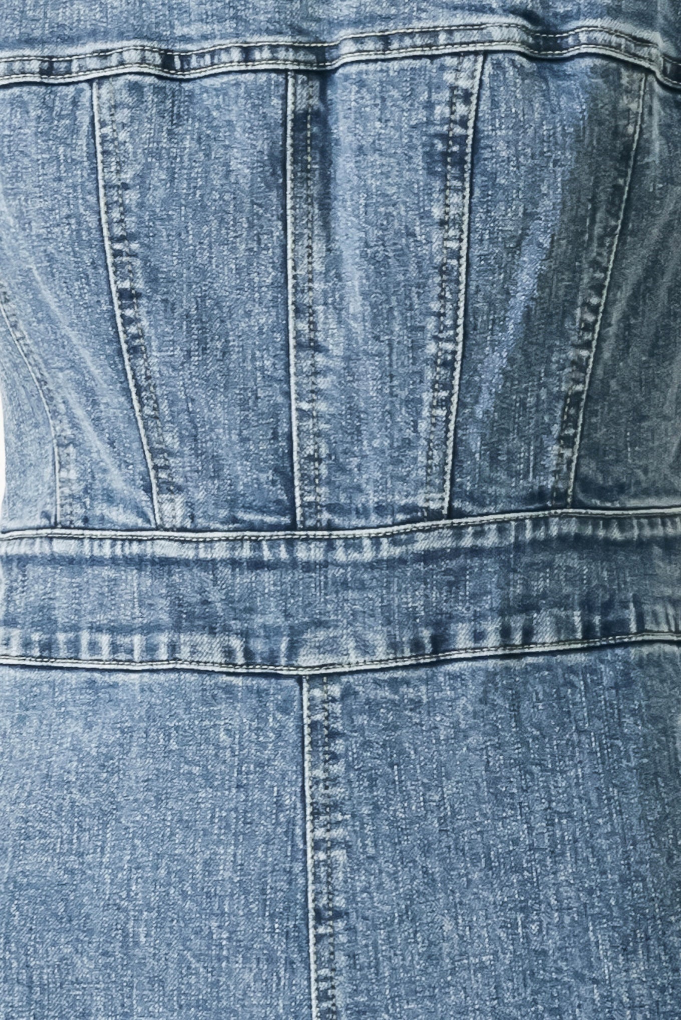 Close up of a denim jumpsuit featuring straight neckline, straps, wide leg and back zipper closure | FREEMARKET