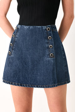 Blue denim denim skort with button detail and back zipper closure | FREEMARKET