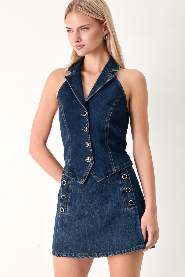 Blue denim denim skort with button detail and back zipper closure | FREEMARKET