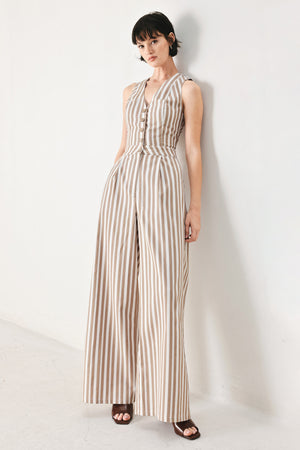 Woman wearing a striped woven jumpsuit featuring V neckline, sleeveless, front button/zipper closure and wide leg | FREEMARKET