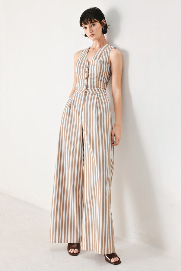 Woman wearing a striped woven jumpsuit featuring V neckline, sleeveless, front button/zipper closure and wide leg | FREEMARKET