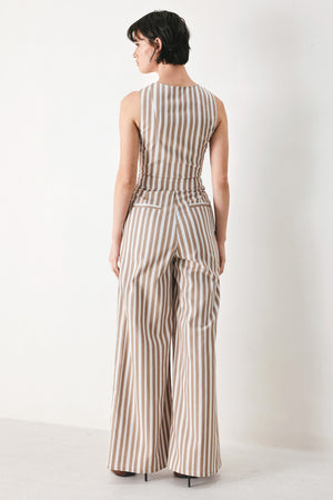Woman wearing a striped woven jumpsuit featuring V neckline, sleeveless, front button/zipper closure and wide leg | FREEMARKET
