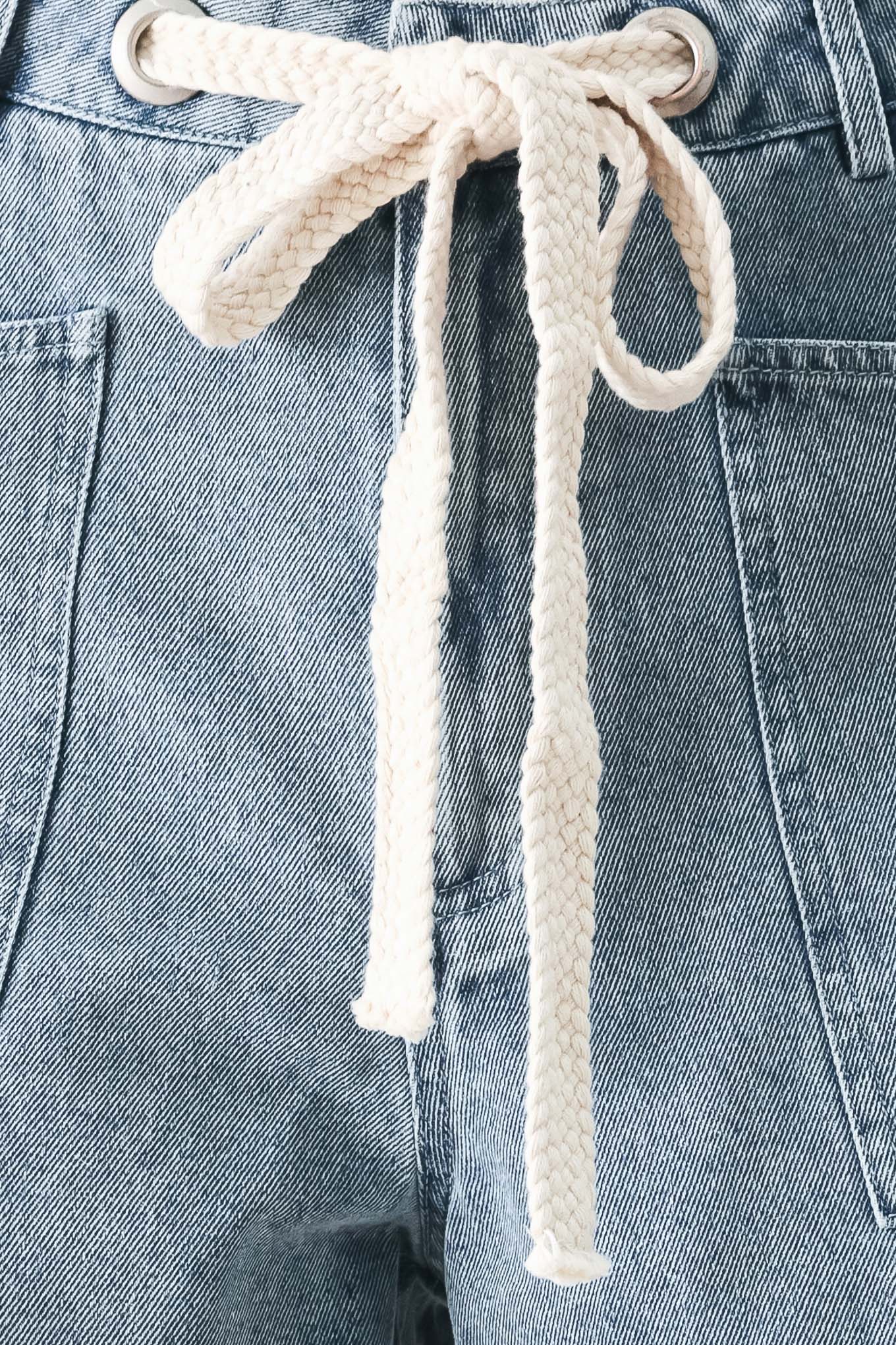 Close up of denim shorts with front closure, side pockets, contrasting tie with grommet and fray hem | FREEMARKET
