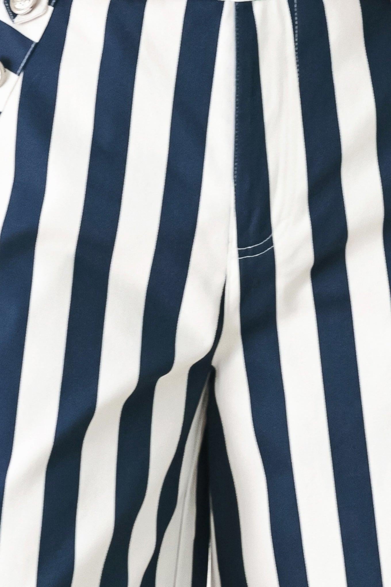 Close-up of navy and white striped fabric