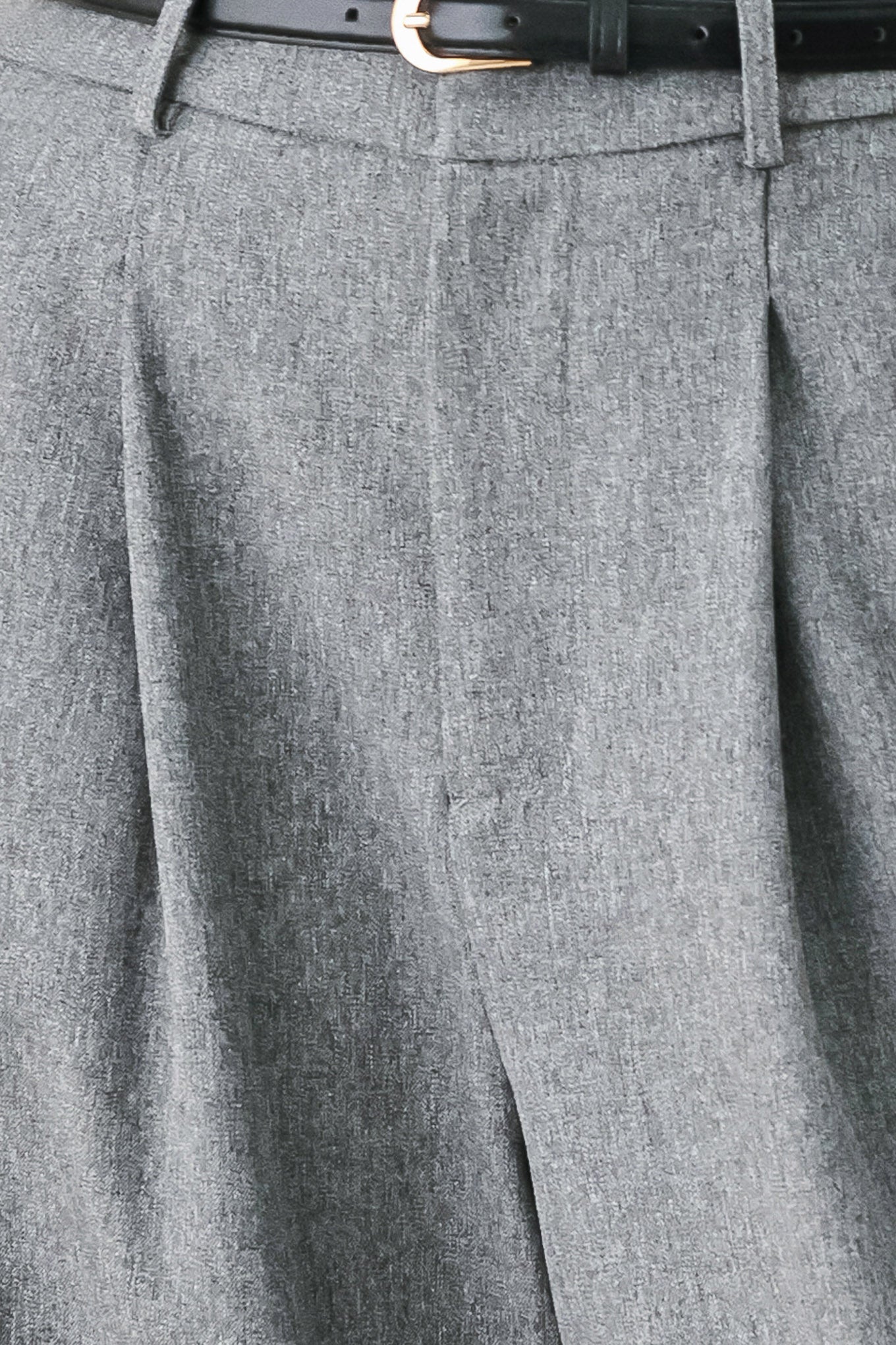 Woman wearing gray wide-leg pant with front closure, single pleat, pockets, and black belt | FREEMARKET