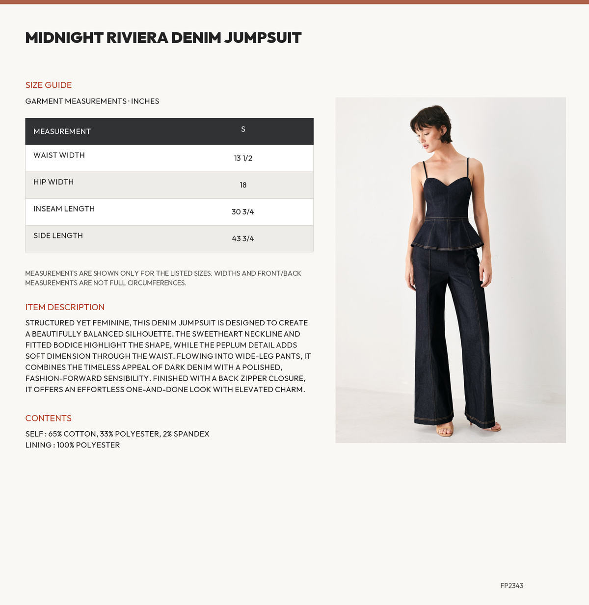 MIDNIGHT RIVIERA DENIM JUMPSUIT size chart
