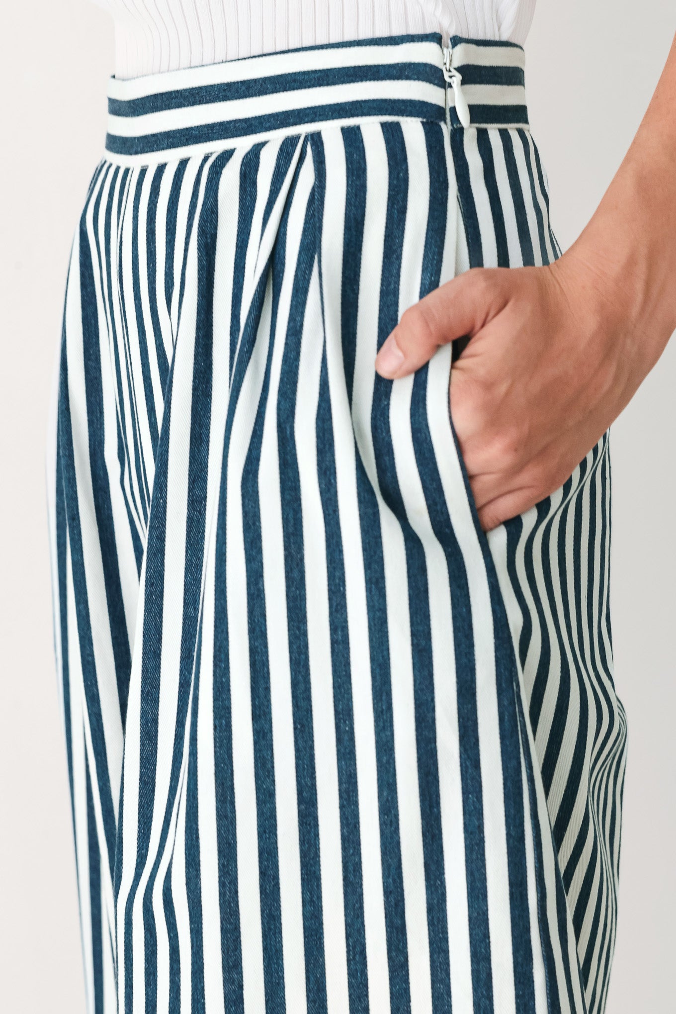 Woman wearing blue and white striped wide-leg pants | FREEMARKET