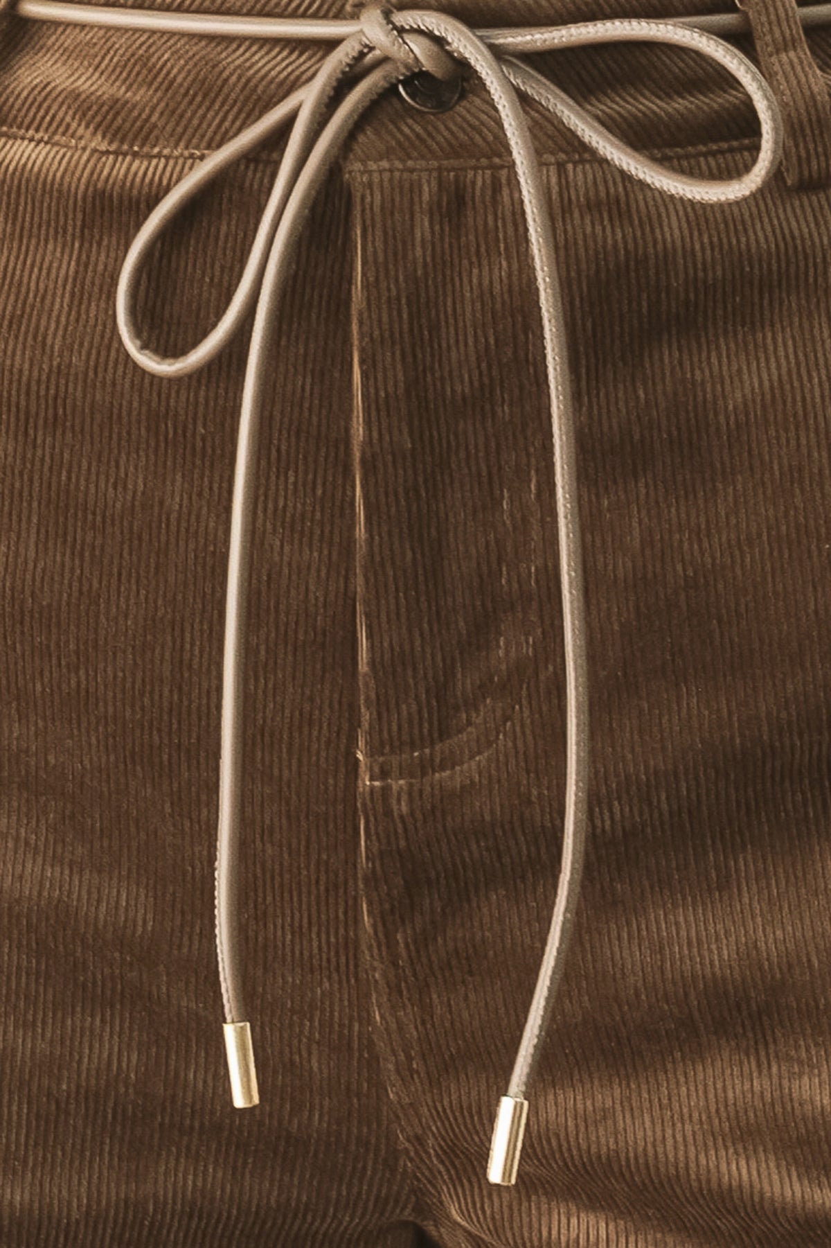 A model wearing high-waisted, wide-leg brown corduroy pants with a drawstring waist | FREEMARKET