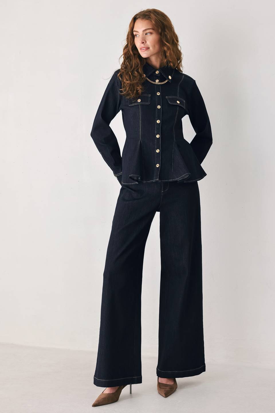 INDIGO ICON DARK INDIGO BUTTON-DETAIL WIDE-LEG JEANS