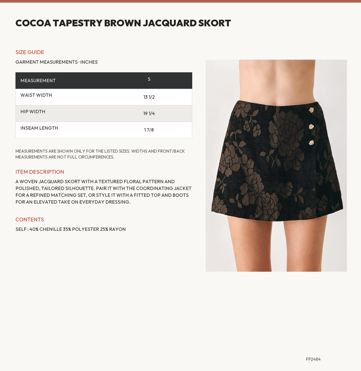 COCOA TAPESTRY BROWN JACQUARD SKORT size chart