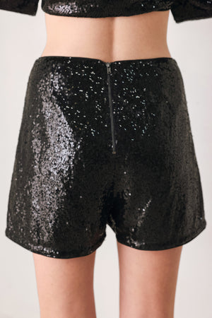 A model from the waist down wearing a black sequined shorts | FREEMARKET