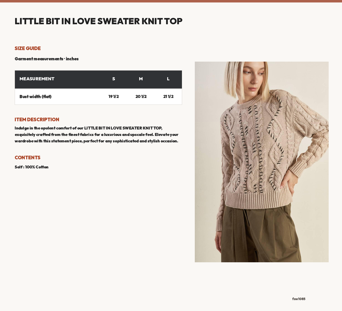 LITTLE BIT IN LOVE SWEATER KNIT TOP size chart