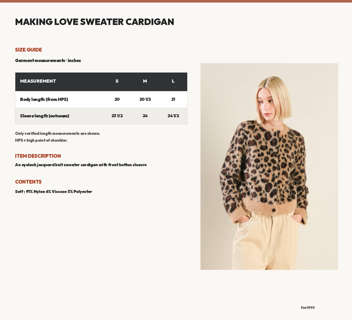 MAKING LOVE SWEATER CARDIGAN size chart