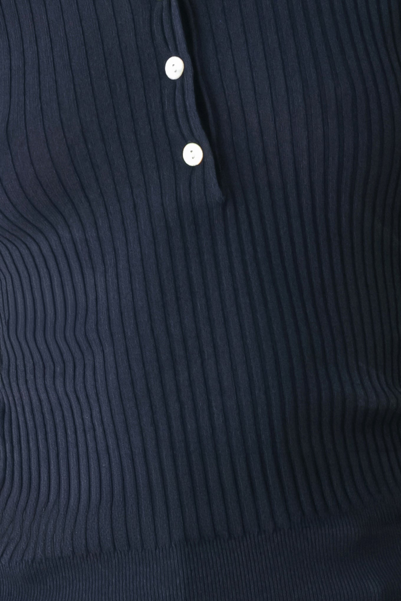 A woman wearing a navy blue ribbed long-sleeve polo-neck knit top | FREEMARKET