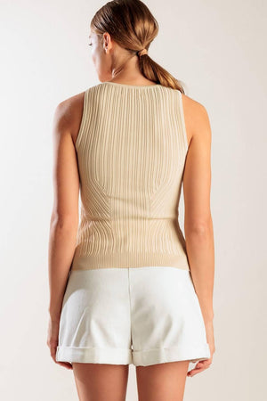 A sleeveless, sweater knit tank top with front button down