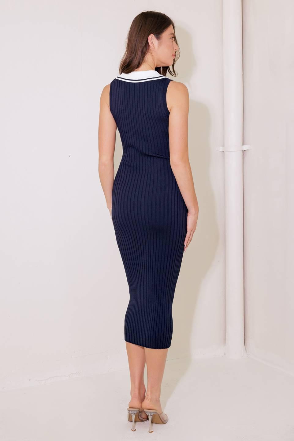 SO MAGNETIC NAVY SWEATER MIDI DRESS.
