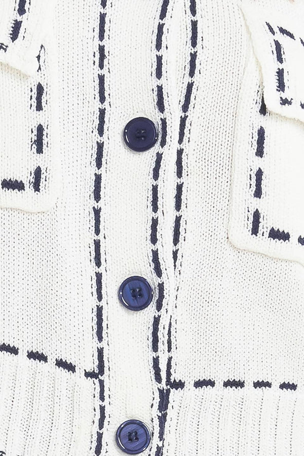 A sweater knit top featuring round neckline, button down, long sleeve and stitch edge detail