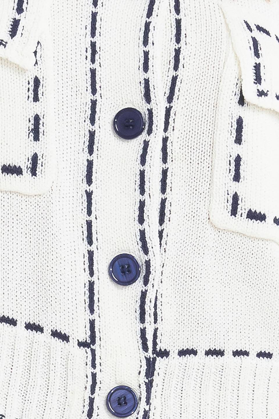 A sweater knit top featuring round neckline, button down, long sleeve and stitch edge detail