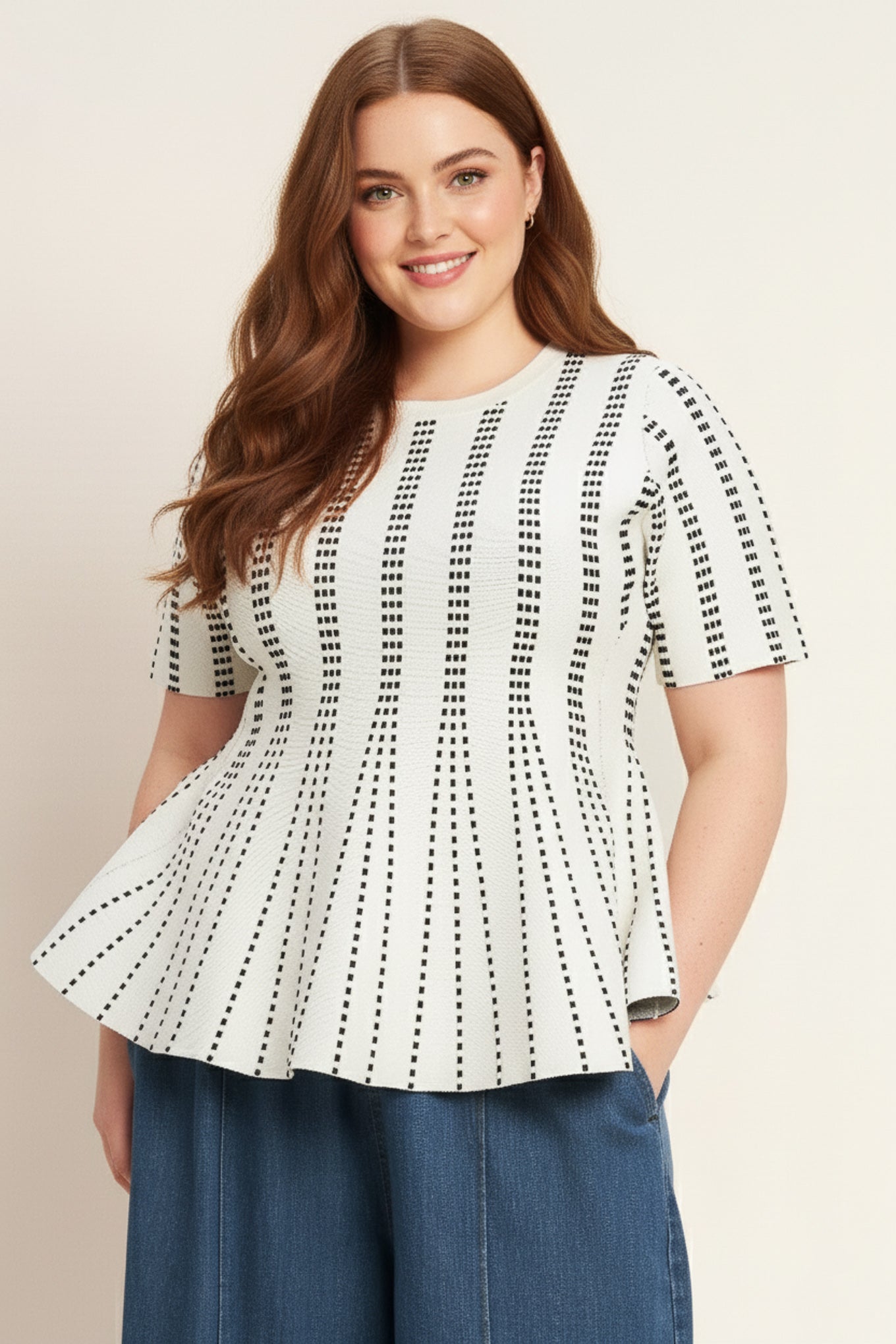 A jacquard sweater top featuring round neckline, short sleeve and peplum - FLYING TOMATO