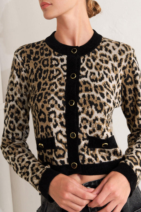 A sweater knit cardigan with round neckline, long sleeve and front button closure