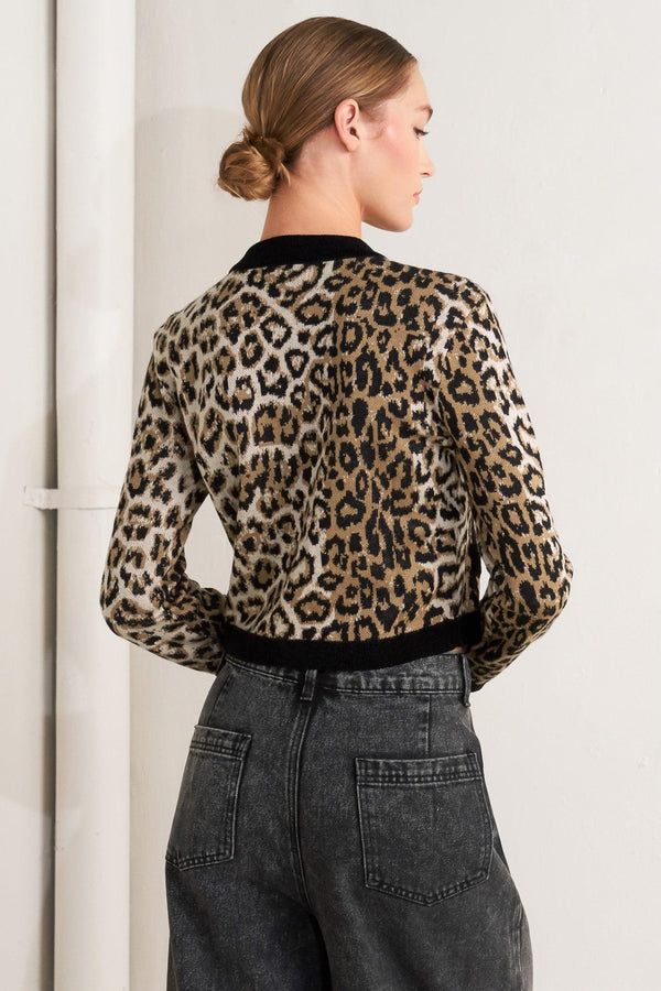 A sweater knit cardigan with round neckline, long sleeve and front button closure
