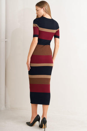 FALL RHYTHM COLOR BLOCKED MIDI SWEATER DRESS.