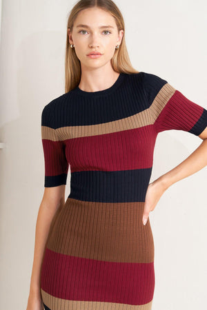 FALL RHYTHM COLOR BLOCKED MIDI SWEATER DRESS.