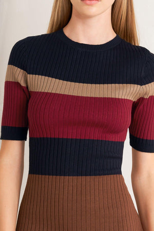 FALL RHYTHM COLOR BLOCKED MIDI SWEATER DRESS.