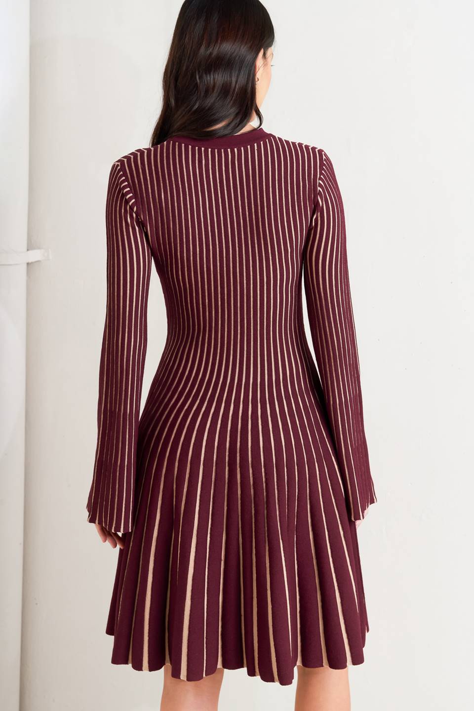 Woman wearing a burgundy pleated dress against a white background - FLYING TOMATOT