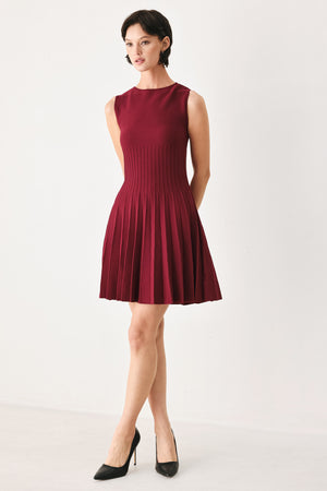 Woman wearing a burgundy sleeveless sweater knit mini dress with wide neckline, and pleated skirt | FREEMARKET