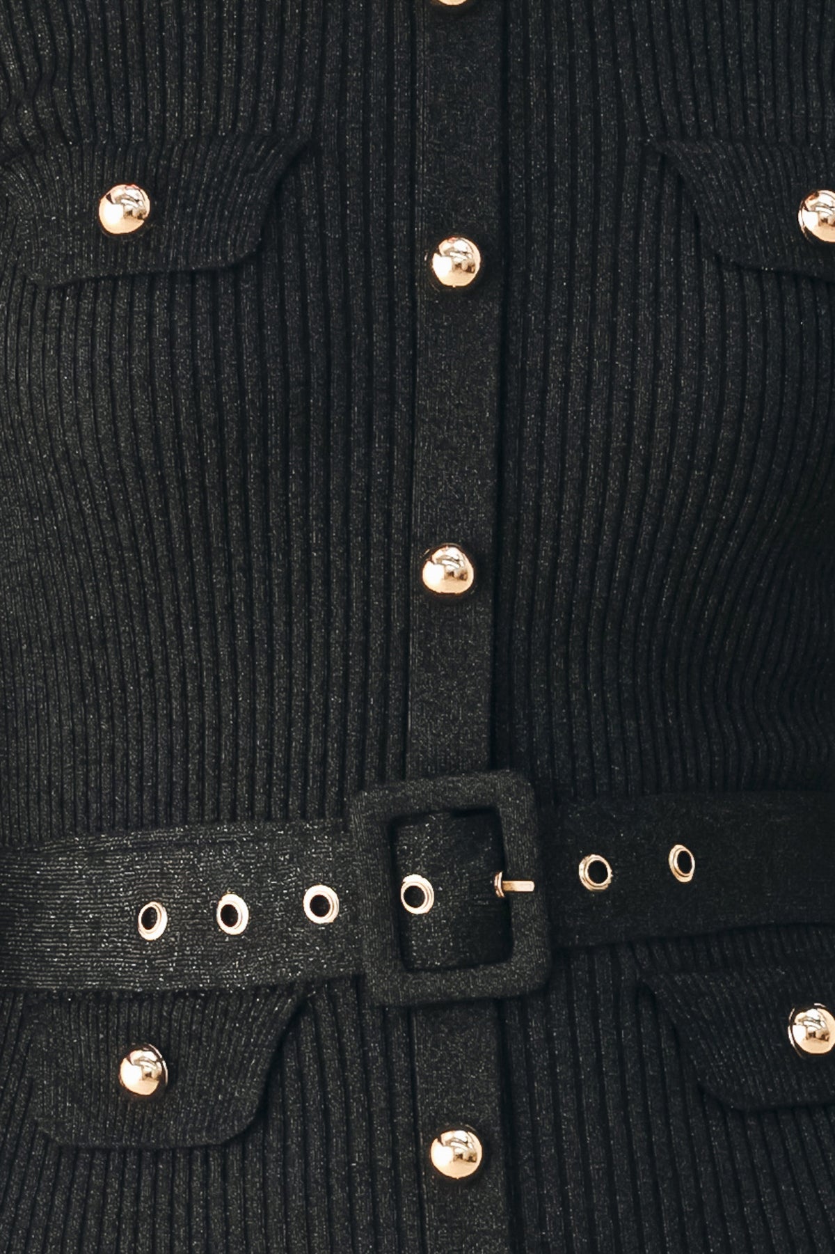 A model wearing a black long-sleeve midi dress with gold-tone decorative buttons down the front, a matching black belt with gold studs, and a flared drop-waist skirt | FREEMARKET