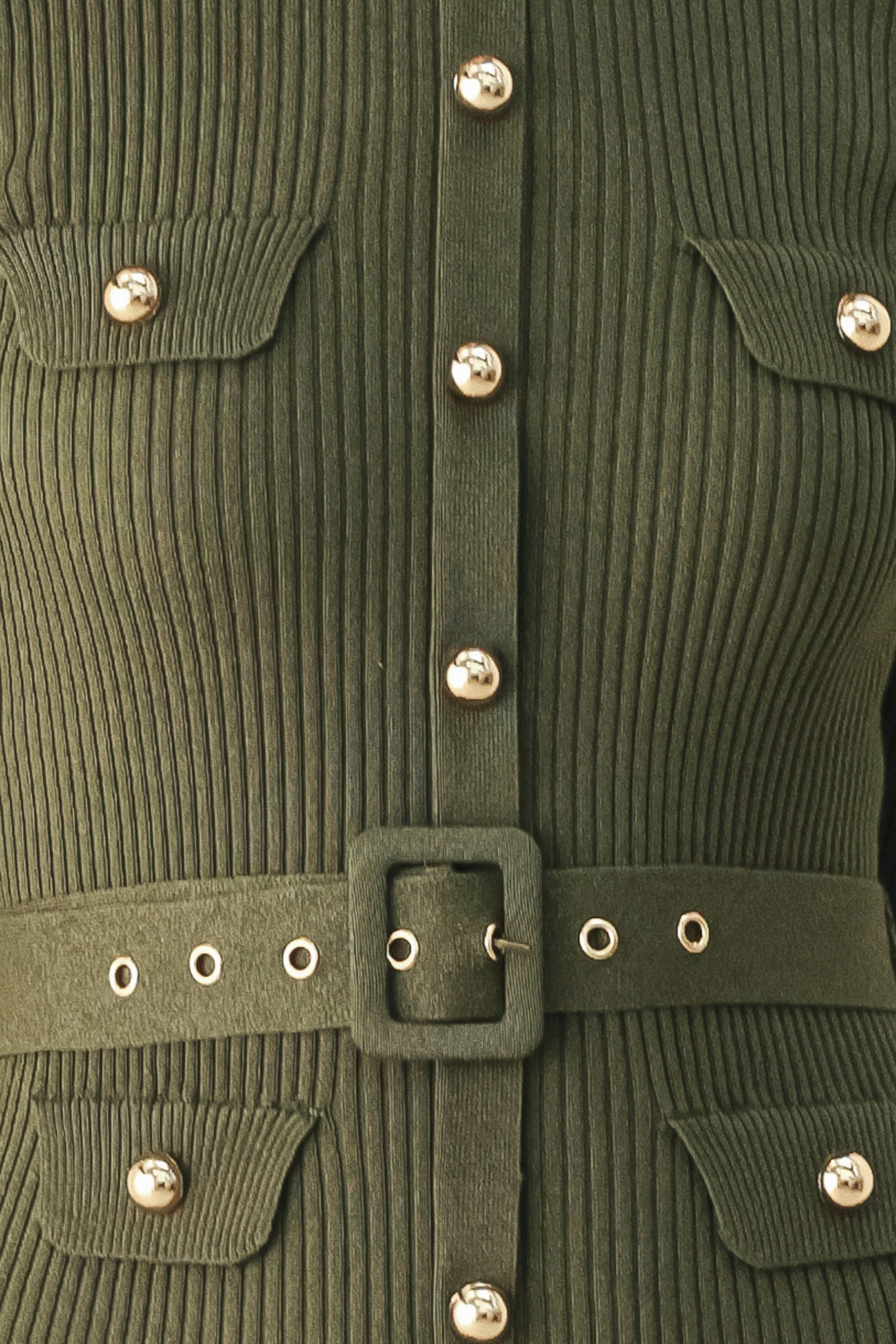 A woman models an olive green ribbed midi dress with a matching belt and gold-tone buttons, and a flared drop-waist skirt | FREEMARKET