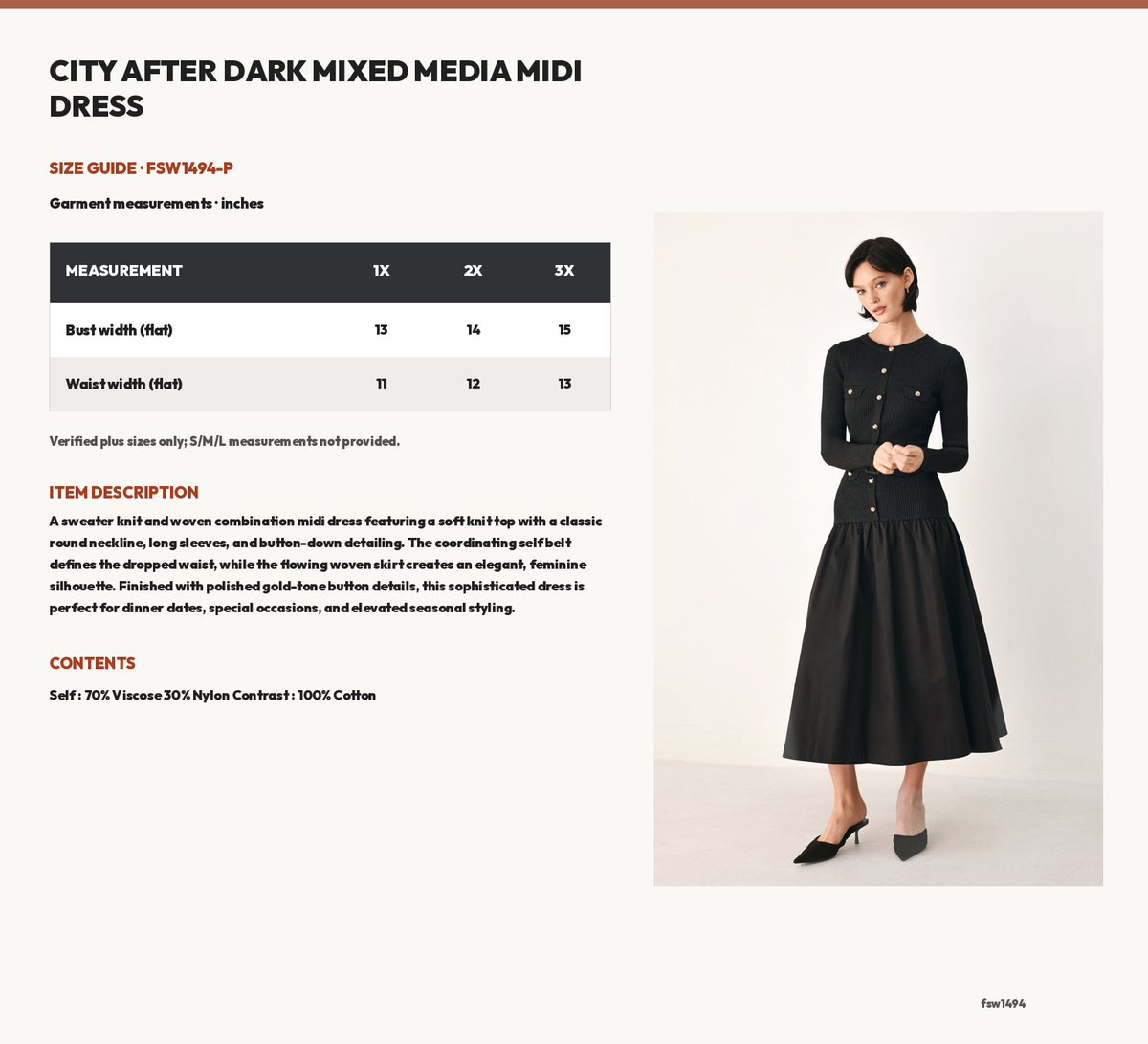 CITY AFTER DARK MIXED MEDIA MIDI DRESS size chart
