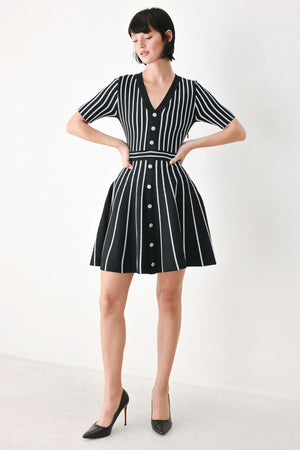 A woman modeling a short-sleeve V-neck dress with vertical black and silver stripes, a buttoned front, and a flared skirt | FREEMARKET