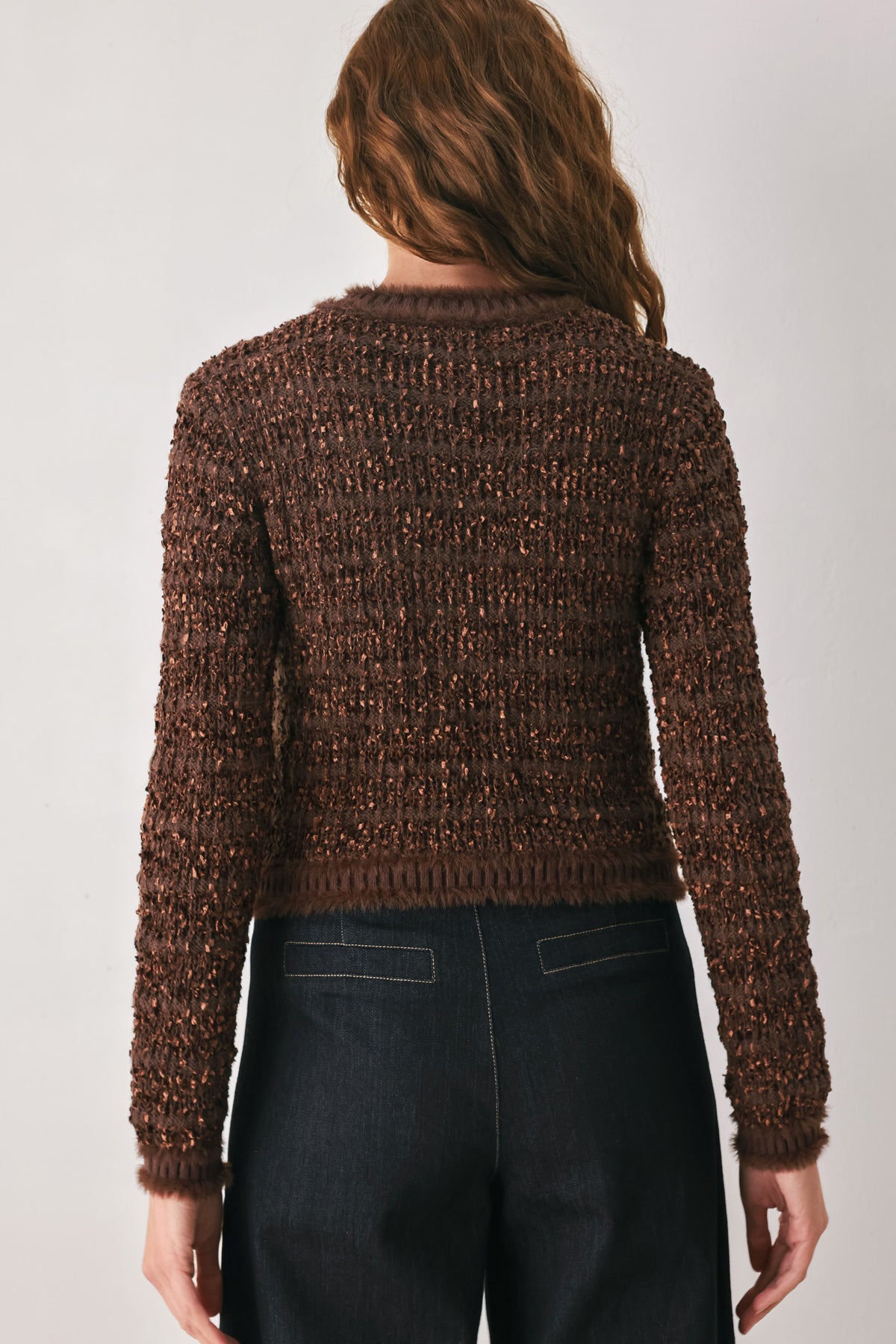 GEMSTONE GLOW BROWN JEWEL-BUTTON CROPPED CARDIGAN
