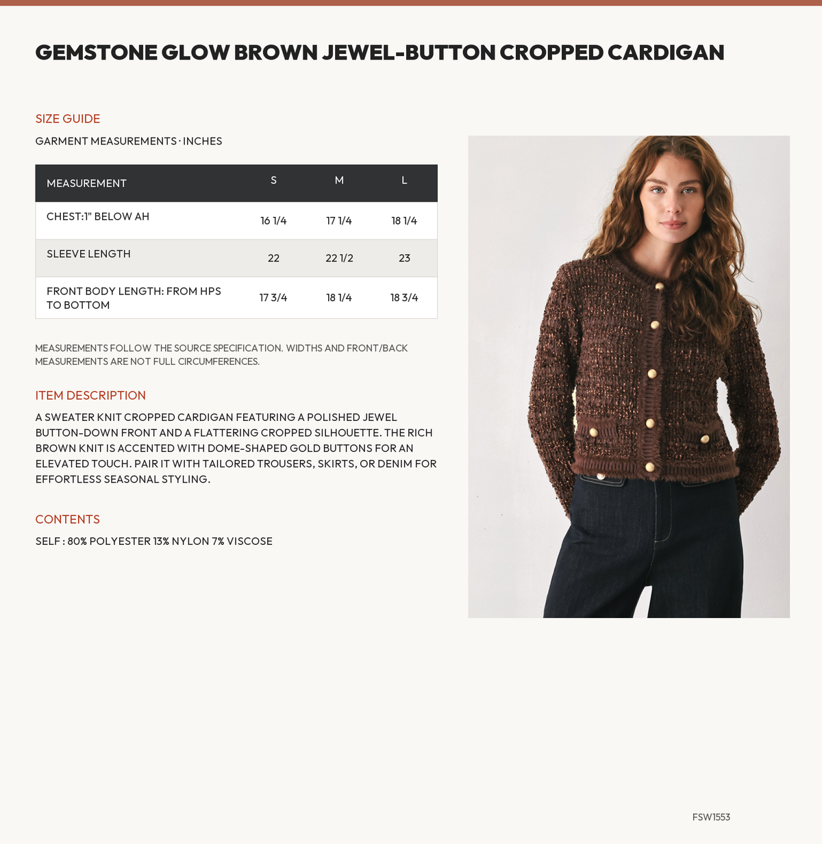 GEMSTONE GLOW BROWN JEWEL-BUTTON CROPPED CARDIGAN size chart