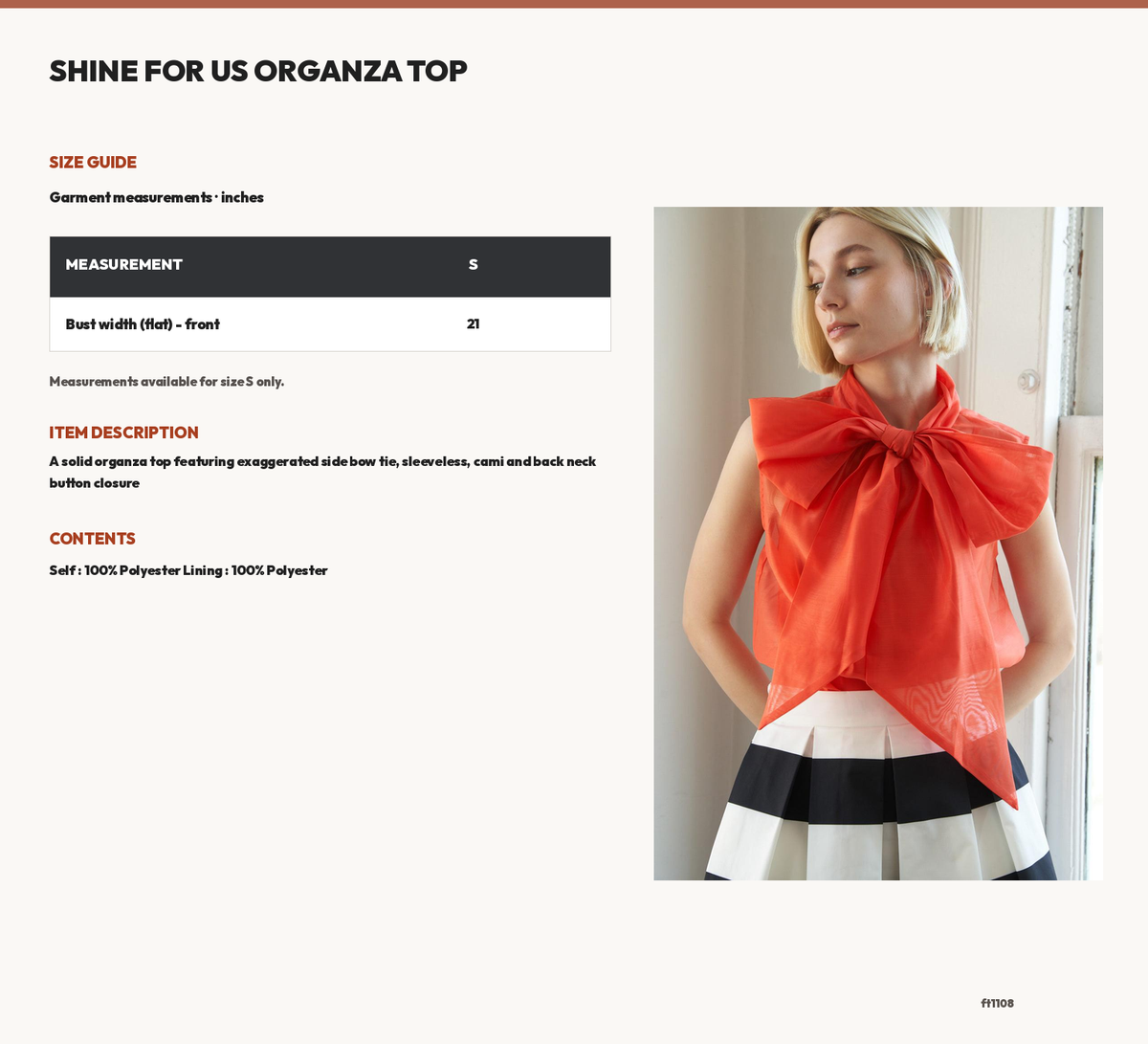 SHINE FOR US ORGANZA TOP size chart