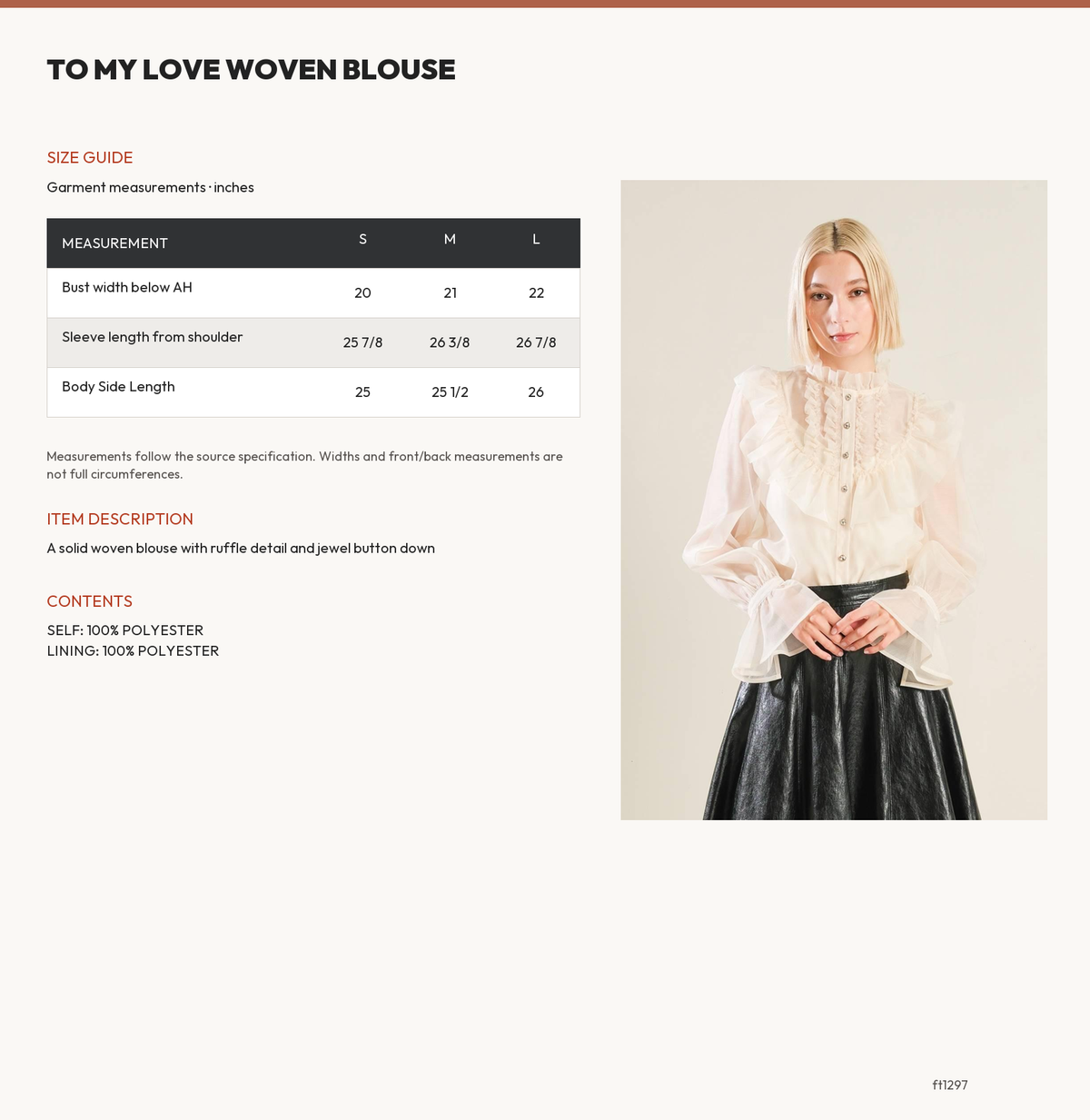 TO MY LOVE WOVEN BLOUSE size chart