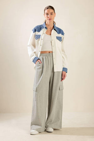 KEEP IT GOING WOVEN AND DENIM SHIRT.