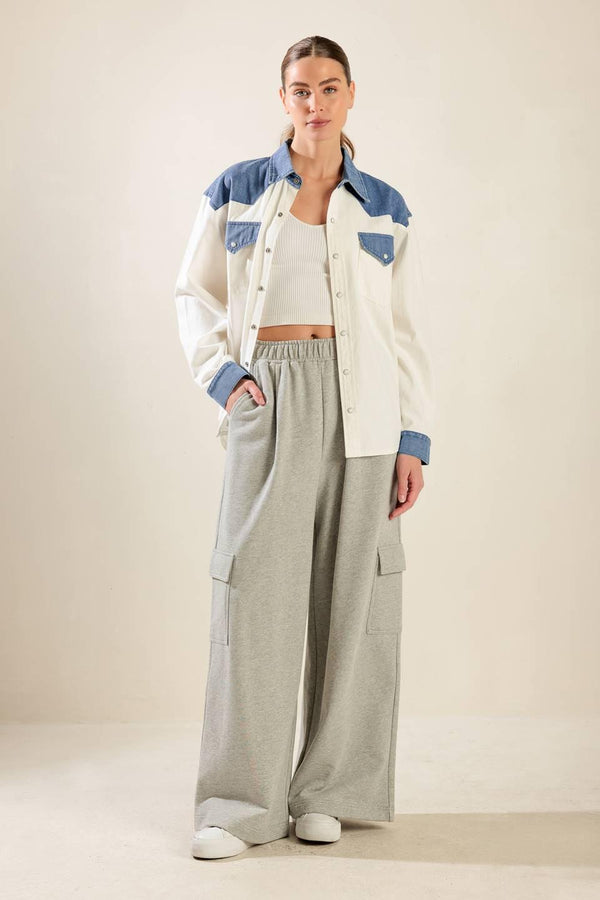 KEEP IT GOING WOVEN AND DENIM SHIRT.